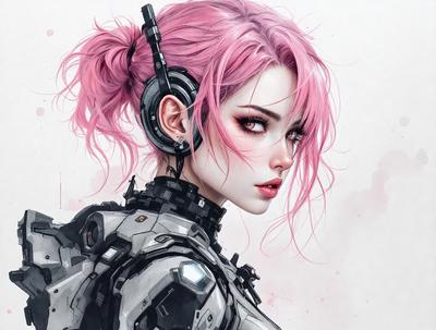 The primary subject of the image is a woman with pink hair, wearing a futuristic outfit and headphones. She is the main focus of the image. The setting is a futuristic environment, with a backdrop of a pink sky. The visual style is a combination of digital art and illustration, creating a unique and eye-catching image. The colors are predominantly pink, which adds to the futuristic and vibrant atmosphere of the scene.